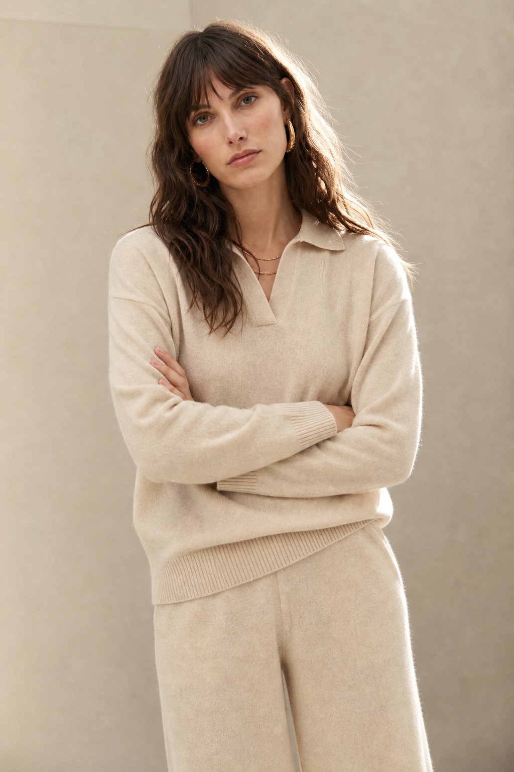 Women's Polo Collar Knit Sweater and Pants Set with V Neck