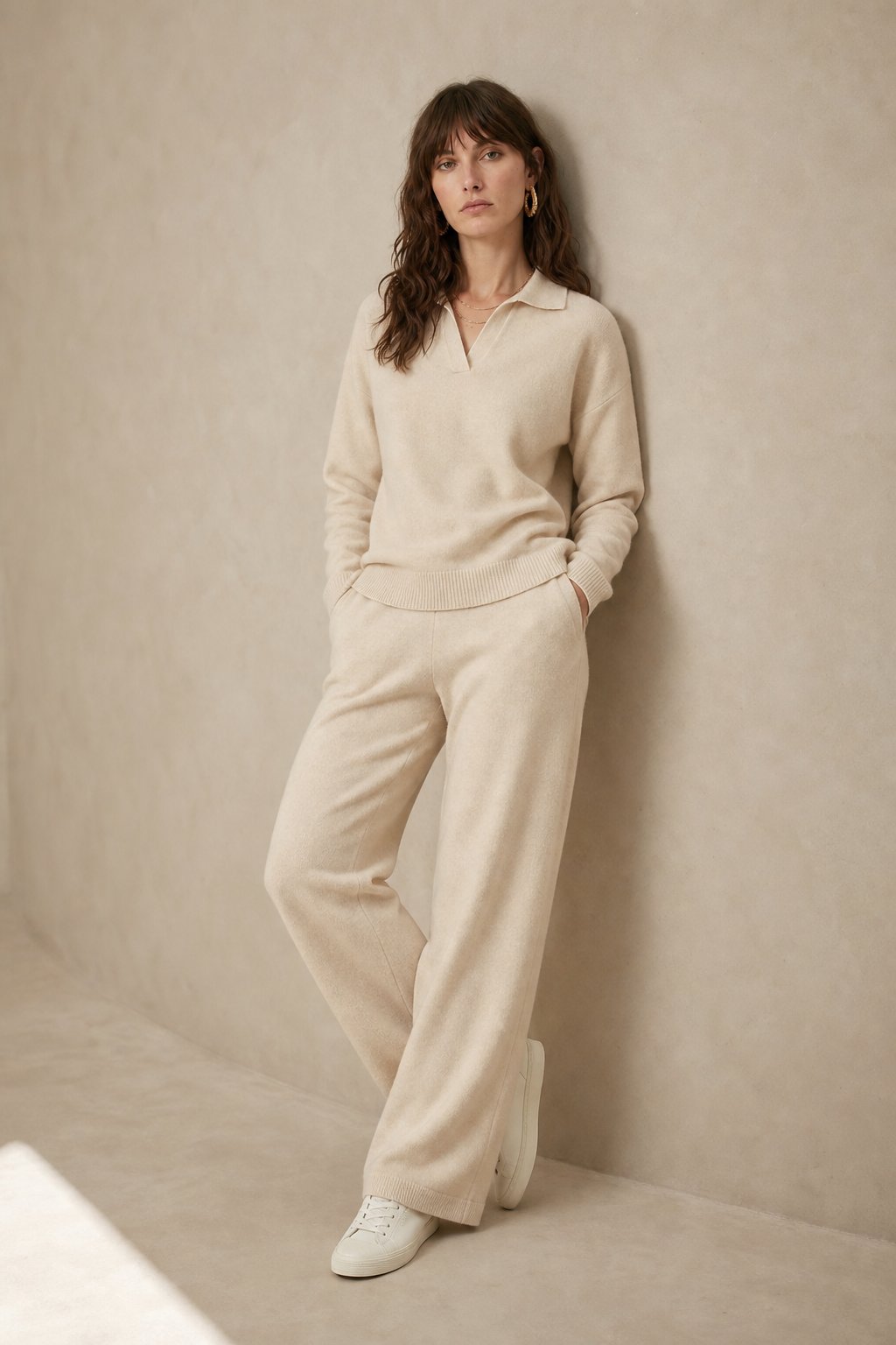 Women's Polo Collar Knit Sweater and Pants Set with V Neck