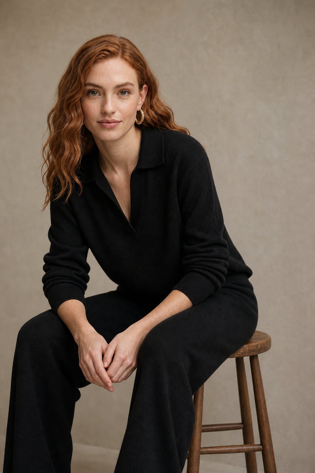 Women's Polo Collar Knit Sweater and Pants Set with V Neck