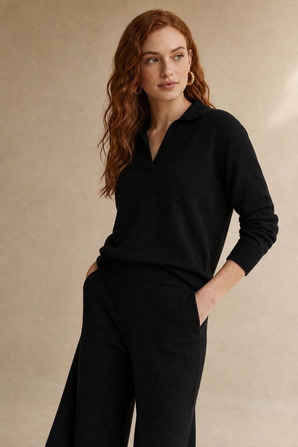 Women's Polo Collar Knit Sweater and Pants Set with V Neck