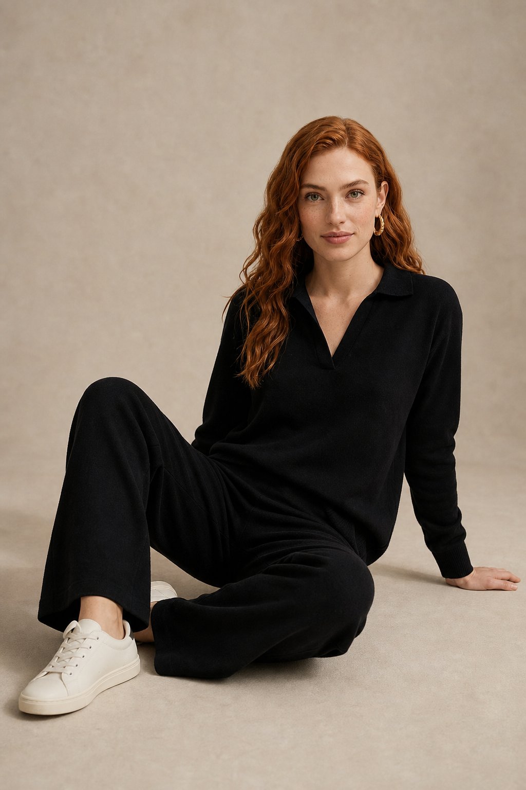 Women's Polo Collar Knit Sweater and Pants Set with V Neck