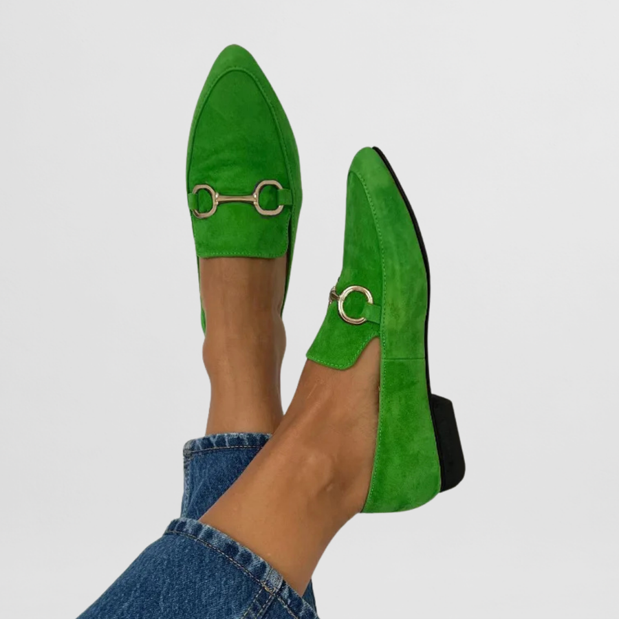 Women's Pointed Toe Suede Loafers with Gold Horsebit Buckle