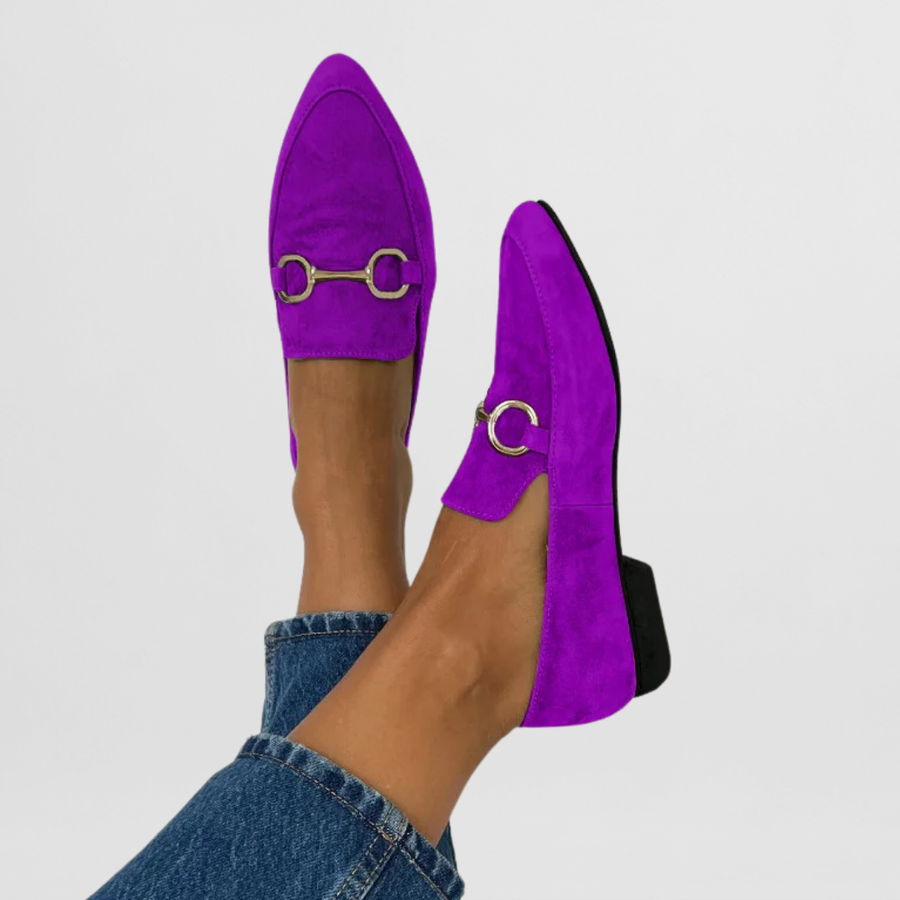 Women's Pointed Toe Suede Loafers with Gold Horsebit Buckle