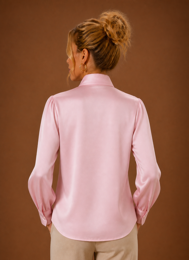 Women's Satin Blouse with Bow Tie Neck and Long Cuff Sleeves