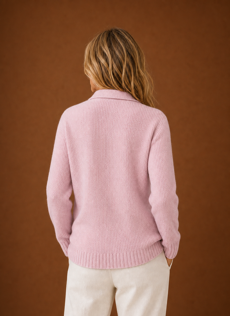 Women's Button Front Knit Cardigan with Collared Neck and Ribbed Trim