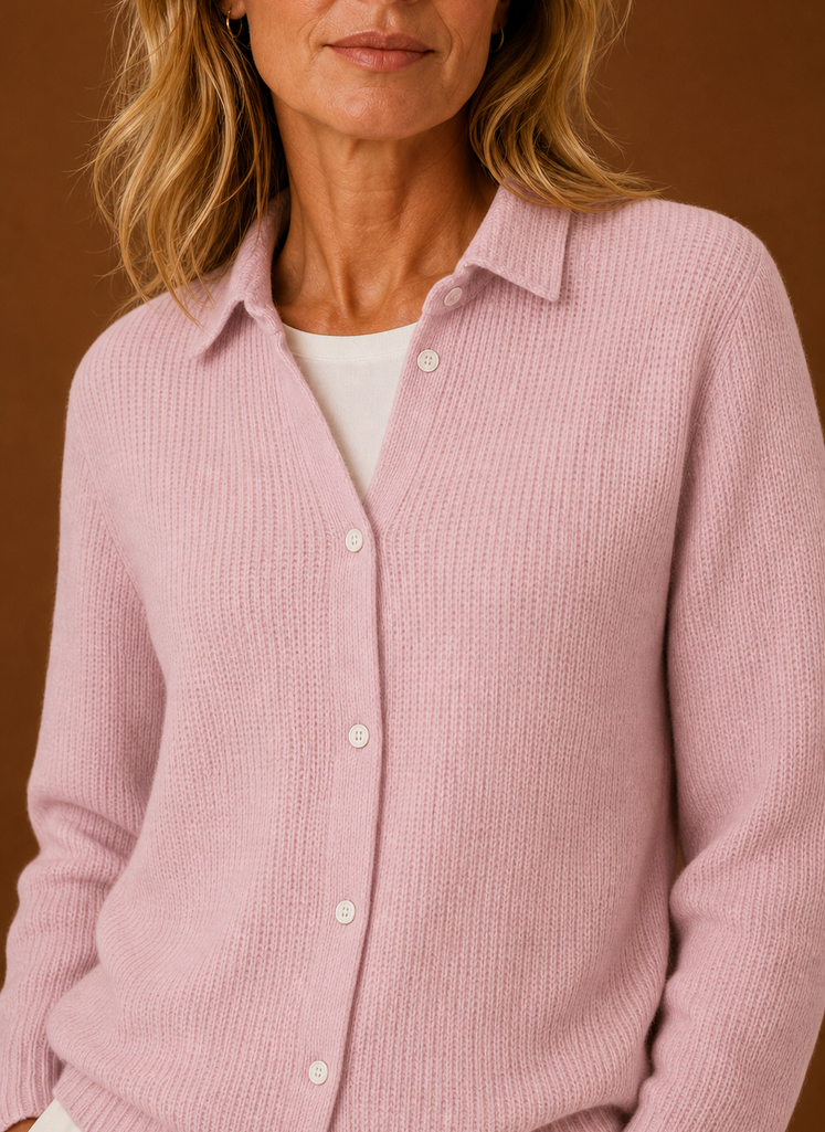 Women's Button Front Knit Cardigan with Collared Neck and Ribbed Trim