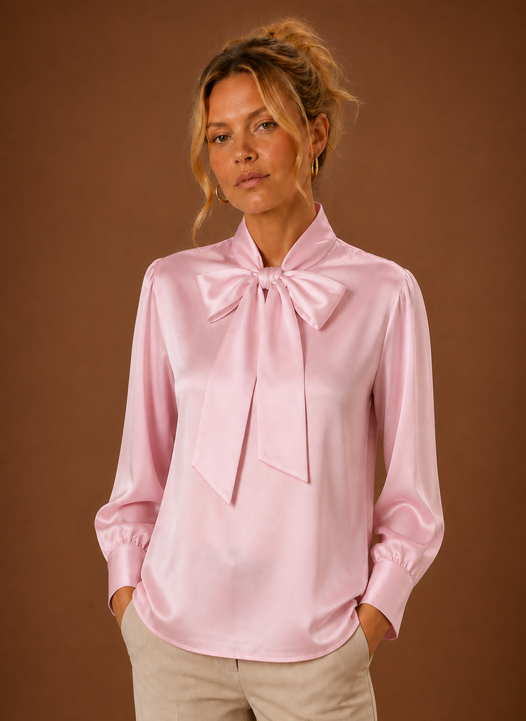 Women's Satin Blouse with Bow Tie Neck and Long Cuff Sleeves