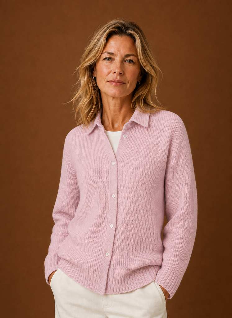 Women's Button Front Knit Cardigan with Collared Neck and Ribbed Trim