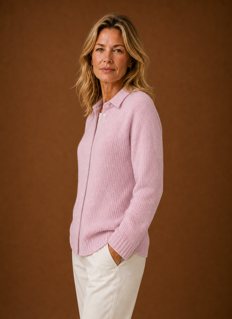 Women's Button Front Knit Cardigan with Collared Neck and Ribbed Trim