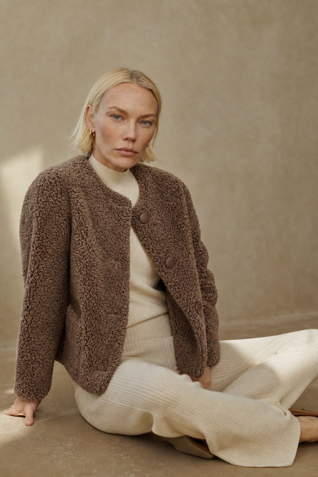 Women's Teddy Fleece Coat with Button Front and Front Pockets