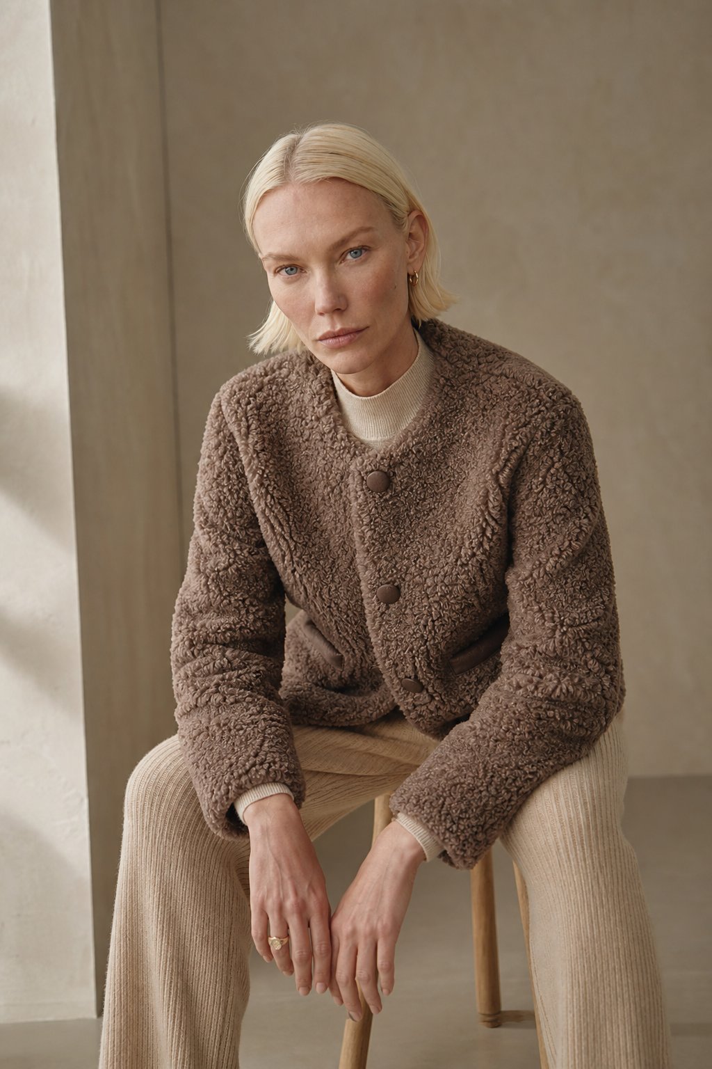 Women's Teddy Fleece Coat with Button Front and Front Pockets