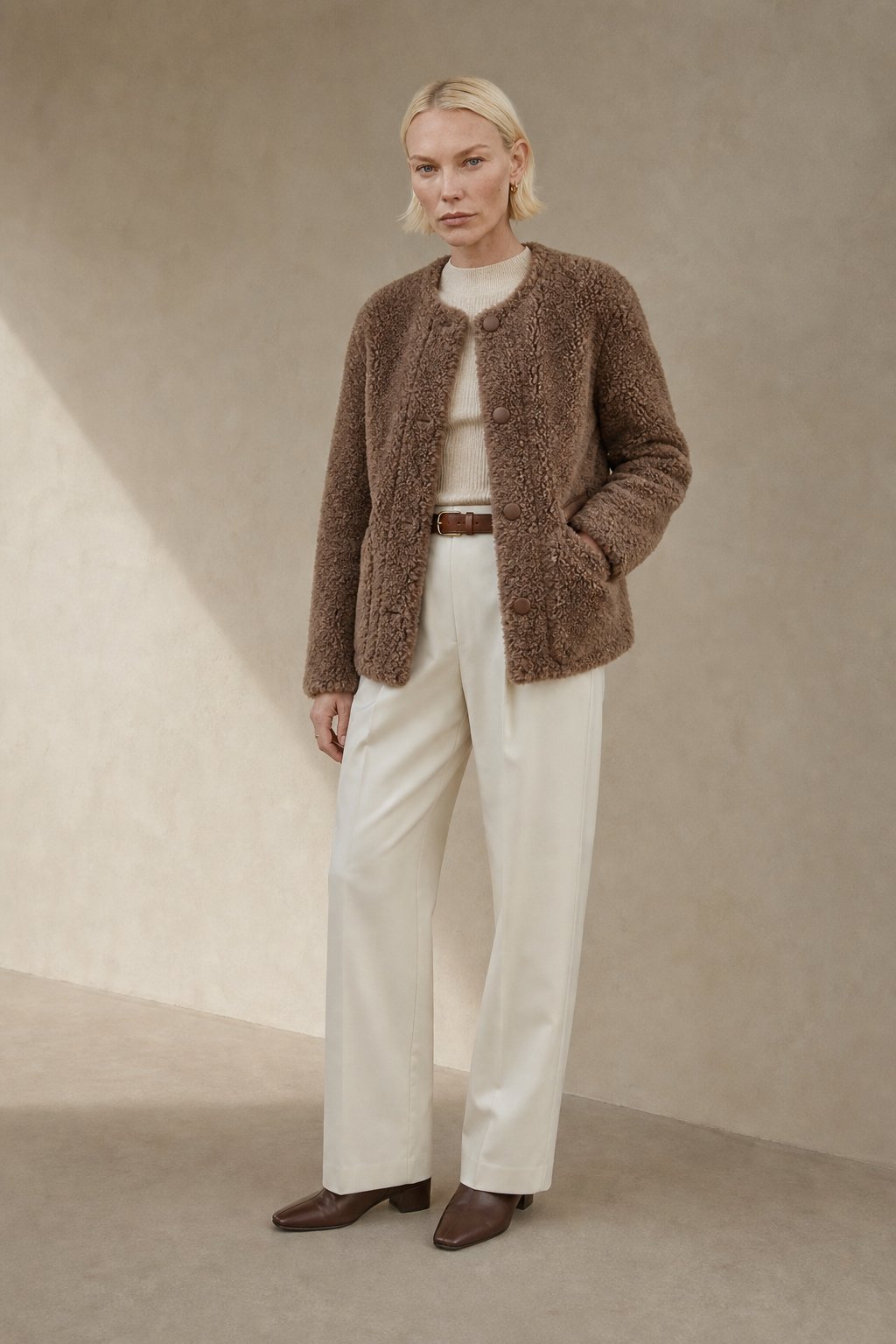 Women's Teddy Fleece Coat with Button Front and Front Pockets