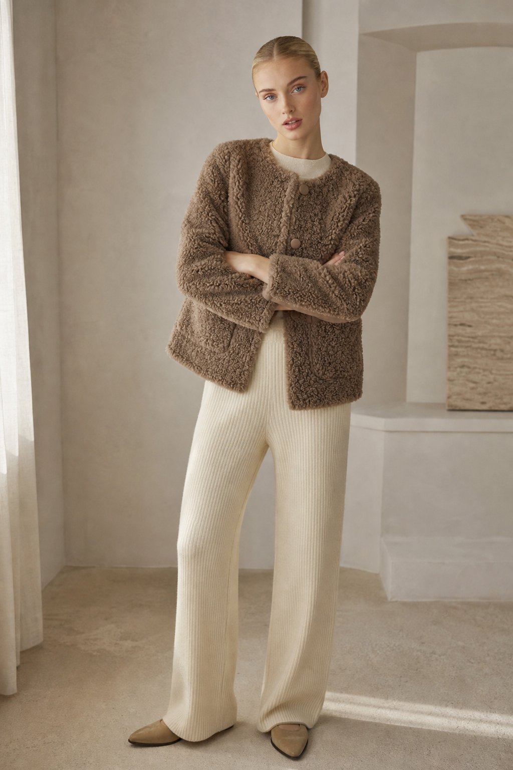 Women's Teddy Fleece Coat with Button Front and Front Pockets