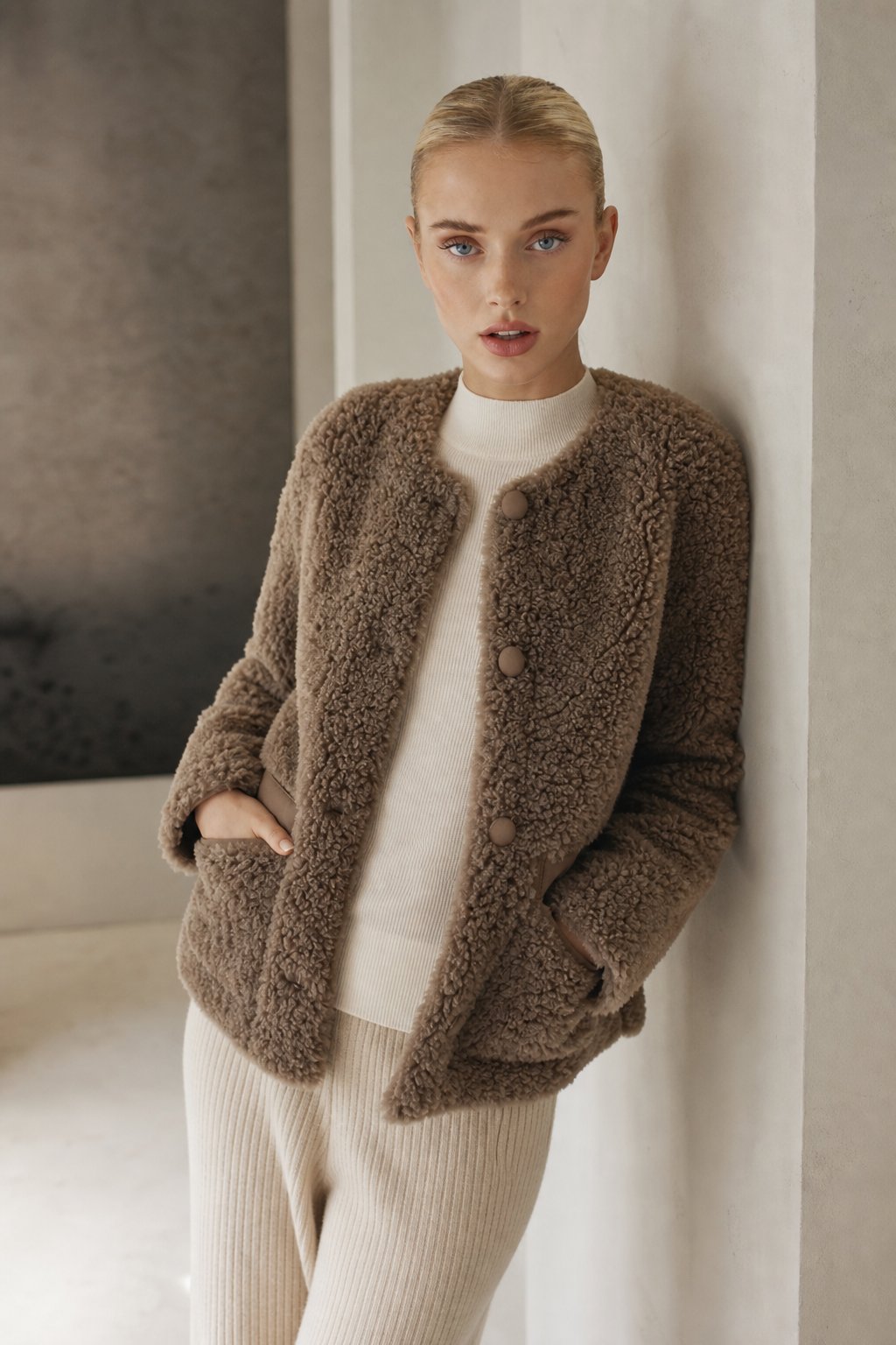 Women's Teddy Fleece Coat with Button Front and Front Pockets