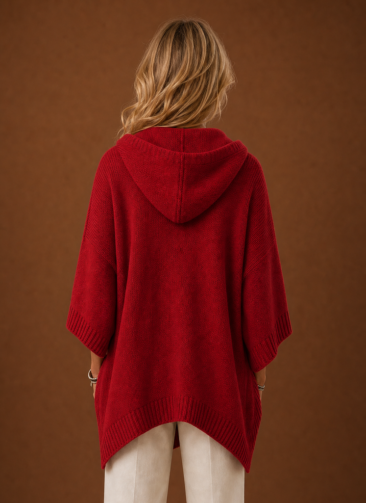 Women's Oversized Hooded Poncho Pullover with Ribbed Trim and Drawstring