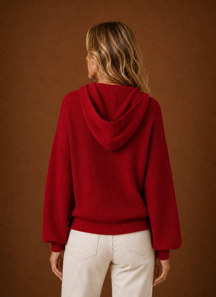 Women's Ribbed Knit Hooded Cardigan with Button Front and Long Sleeves