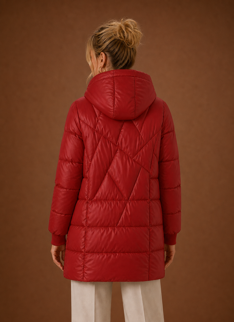 Women's Long Quilted Puffer Jacket with Hood and Snap Button Front