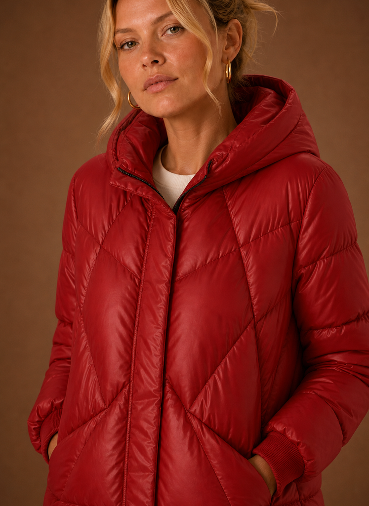 Women's Long Quilted Puffer Jacket with Hood and Snap Button Front