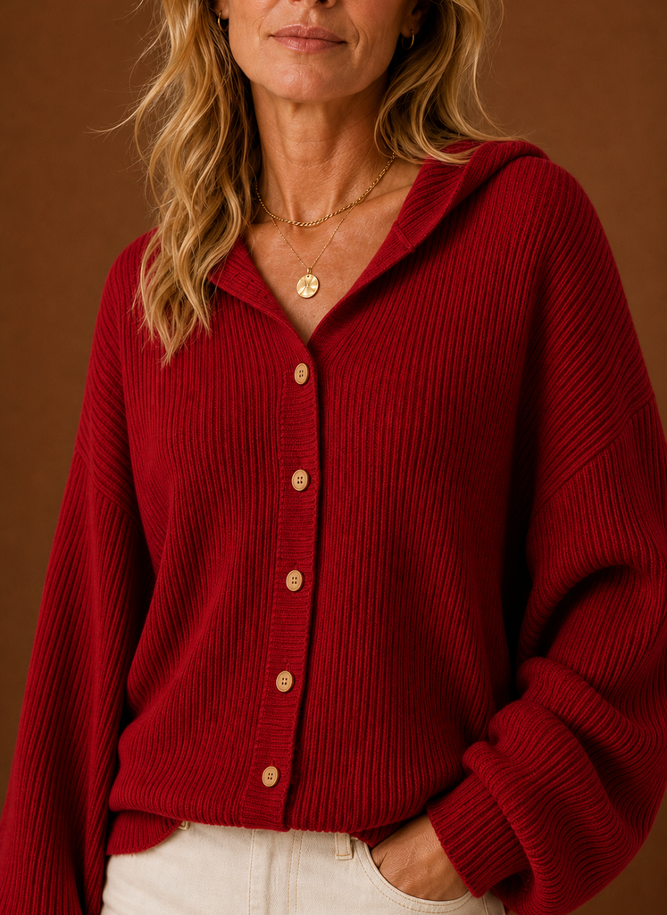 Women's Ribbed Knit Hooded Cardigan with Button Front and Long Sleeves