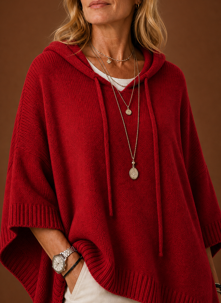 Women's Oversized Hooded Poncho Pullover with Ribbed Trim and Drawstring