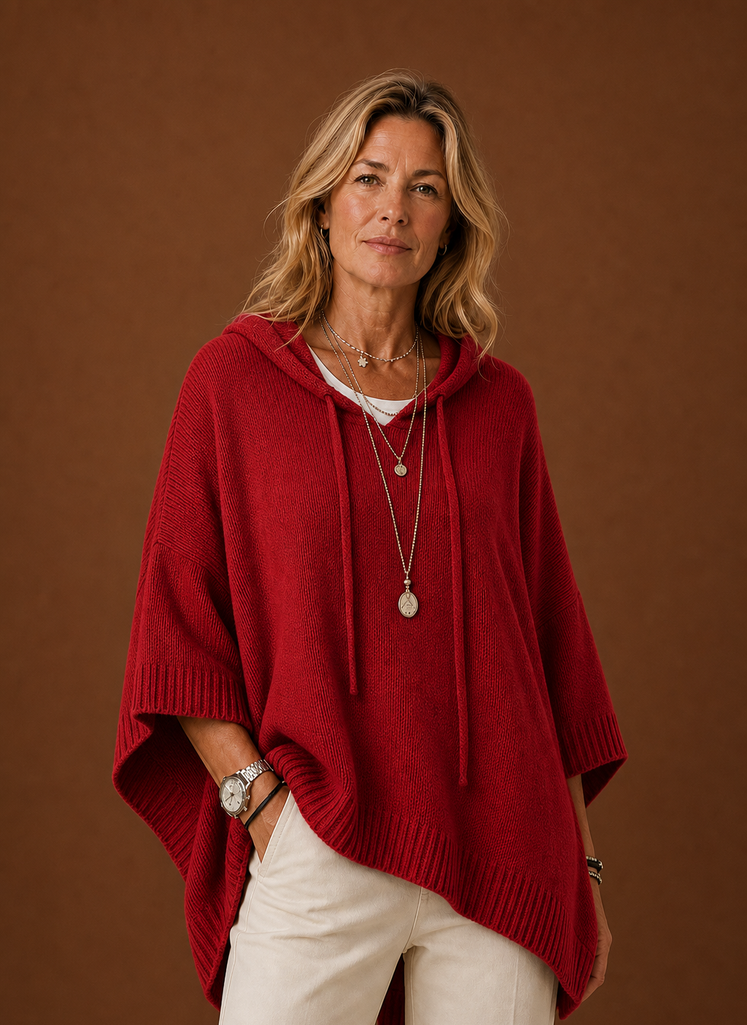 Women's Oversized Hooded Poncho Pullover with Ribbed Trim and Drawstring