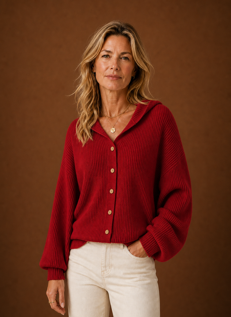 Women's Ribbed Knit Hooded Cardigan with Button Front and Long Sleeves