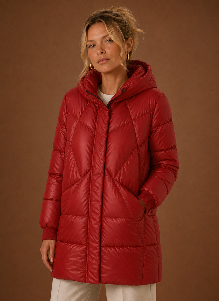 Women's Long Quilted Puffer Jacket with Hood and Snap Button Front