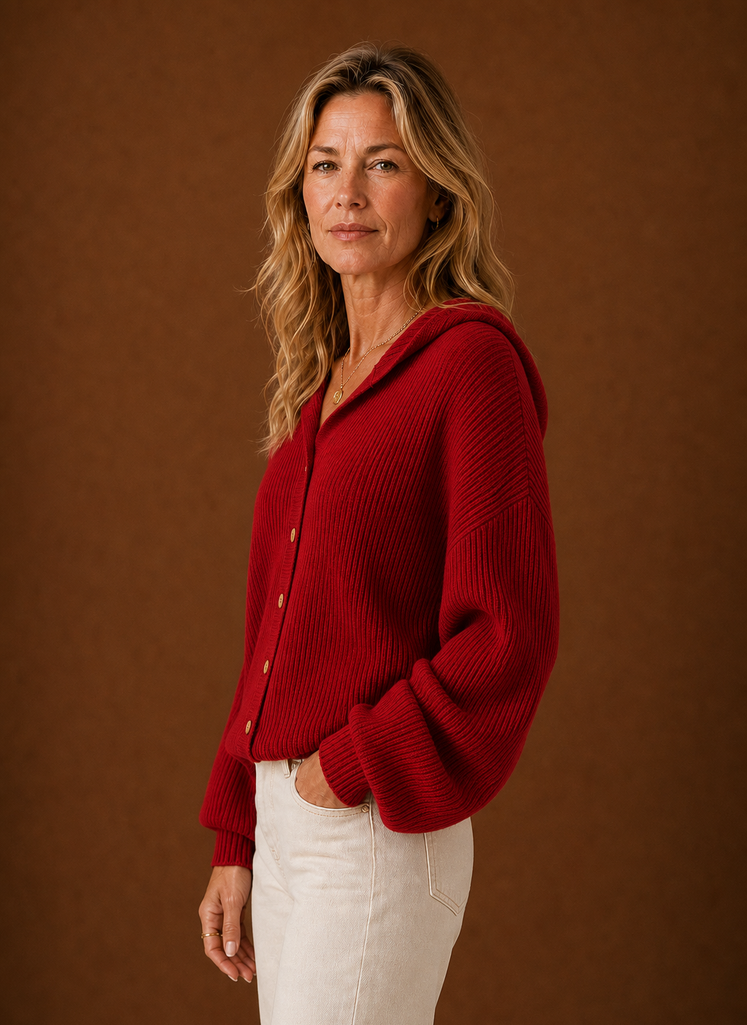 Women's Ribbed Knit Hooded Cardigan with Button Front and Long Sleeves