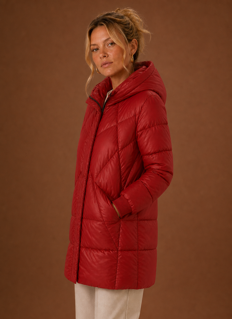 Women's Long Quilted Puffer Jacket with Hood and Snap Button Front