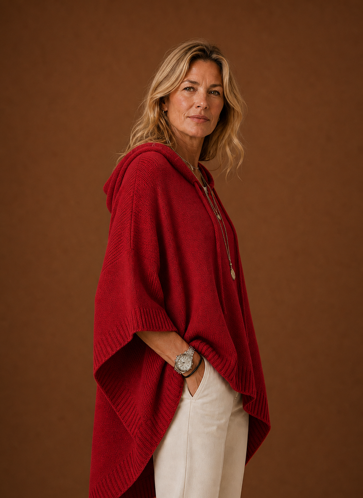 Women's Oversized Hooded Poncho Pullover with Ribbed Trim and Drawstring