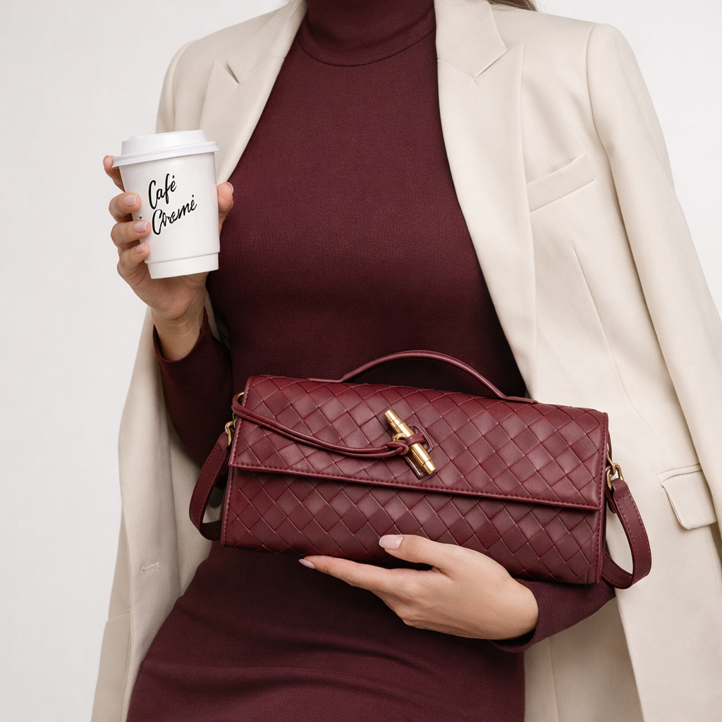 Women's Woven Leather Clutch Bag with Gold Clasp