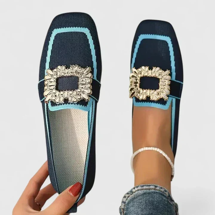 Women's Slip On Loafers with Rhinestone Crystal Buckle and Woven Upper