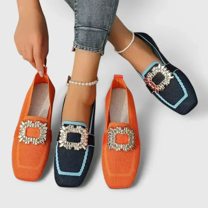 Women's Slip On Loafers with Rhinestone Crystal Buckle and Woven Upper