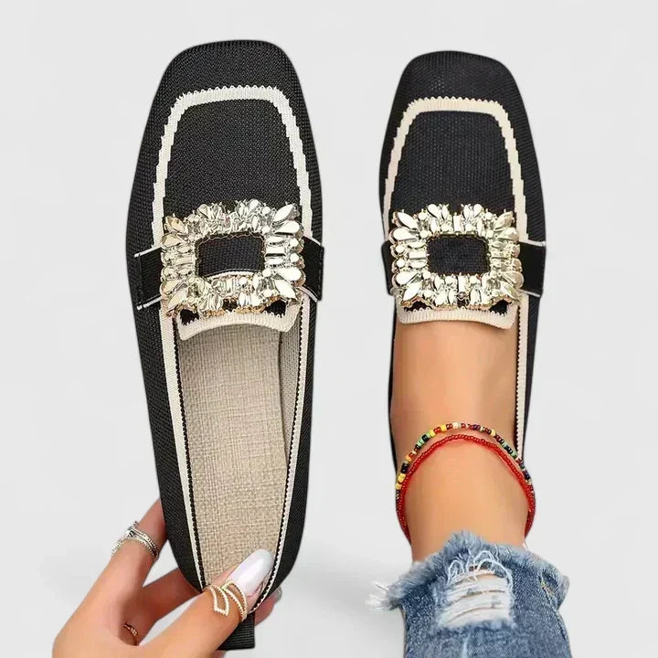 Women's Slip On Loafers with Rhinestone Crystal Buckle and Woven Upper