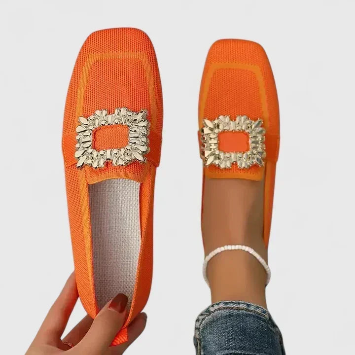 Women's Slip On Loafers with Rhinestone Crystal Buckle and Woven Upper