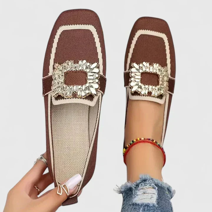 Women's Slip On Loafers with Rhinestone Crystal Buckle and Woven Upper