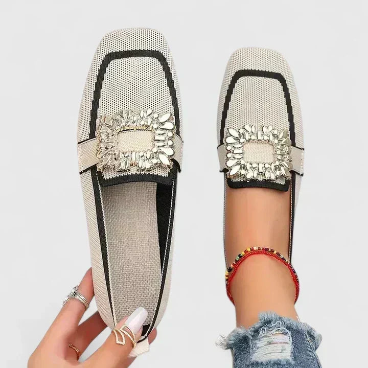 Women's Slip On Loafers with Rhinestone Crystal Buckle and Woven Upper