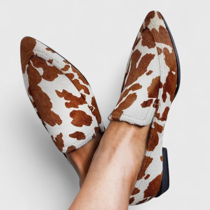 Women's Brown Cow Print Pointed Toe Slip On Loafers