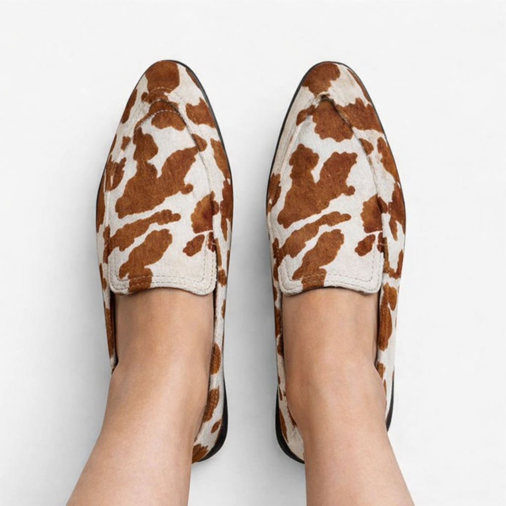Women's Brown Cow Print Pointed Toe Slip On Loafers