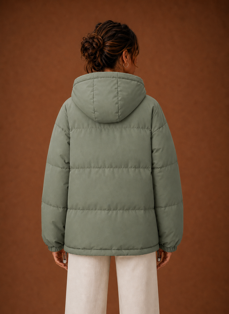Women's Hooded Puffer Jacket with Snap Button Front and Pockets