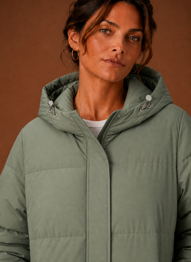 Women's Hooded Puffer Jacket with Snap Button Front and Pockets