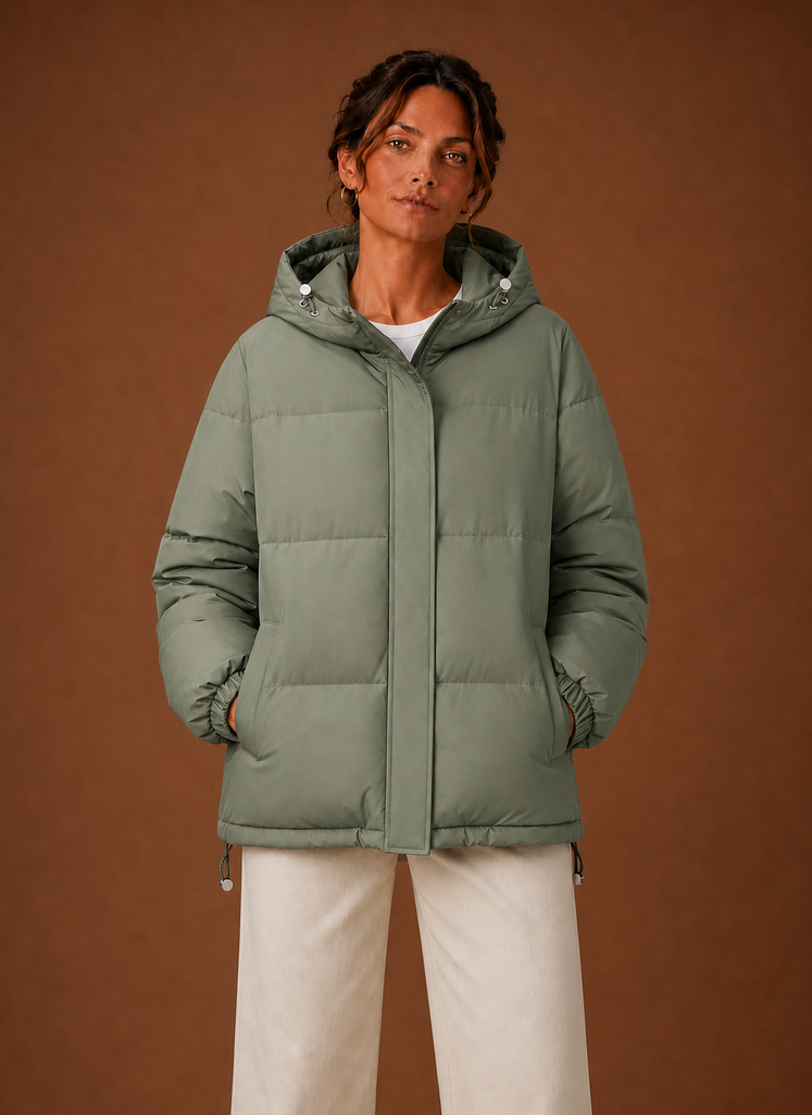 Women's Hooded Puffer Jacket with Snap Button Front and Pockets