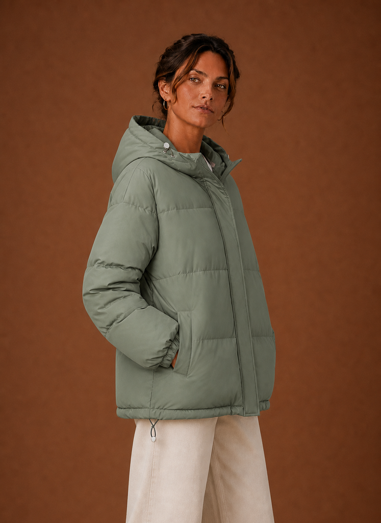 Women's Hooded Puffer Jacket with Snap Button Front and Pockets