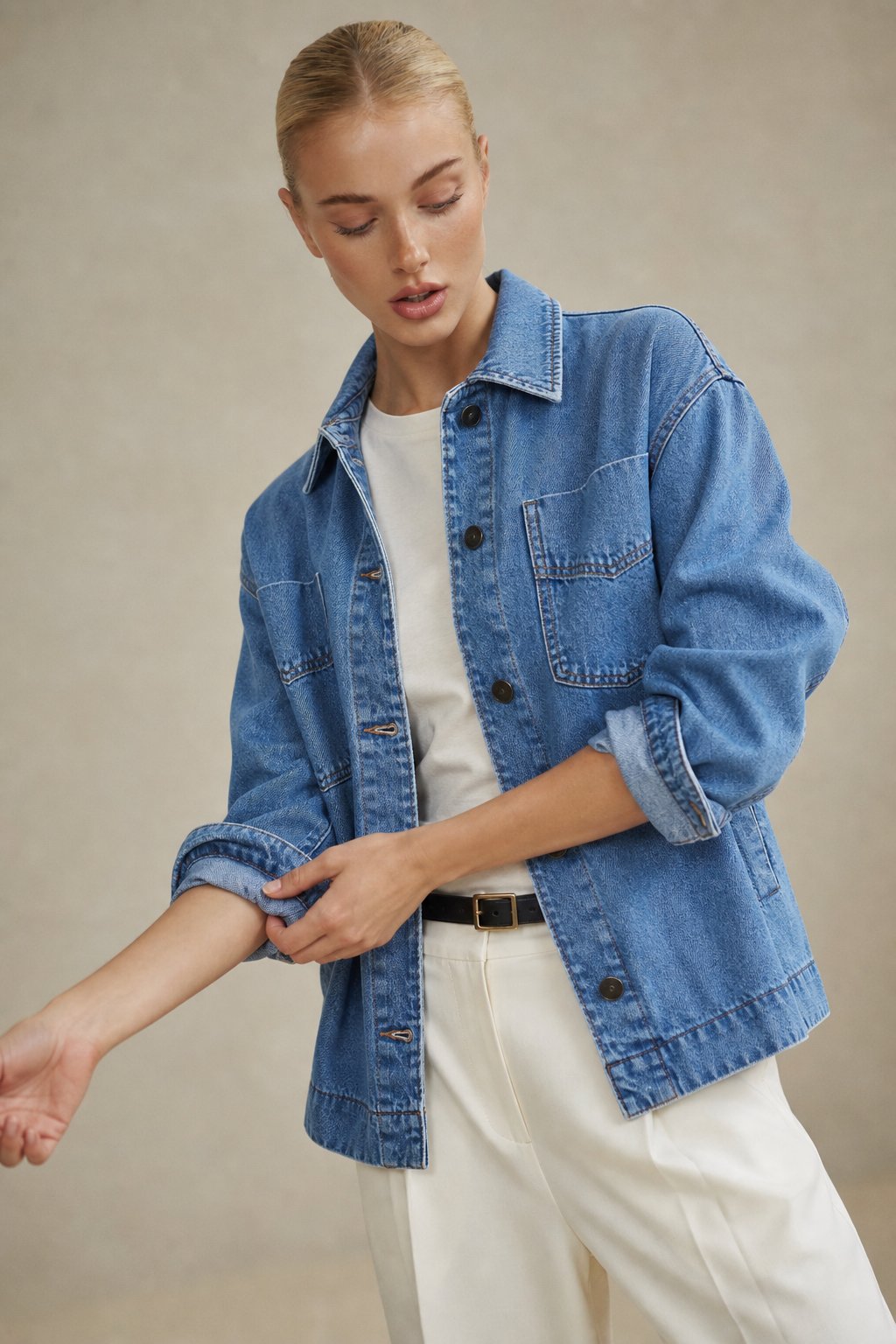 Women's Oversized Denim Shirt Jacket with Button Front and Pockets