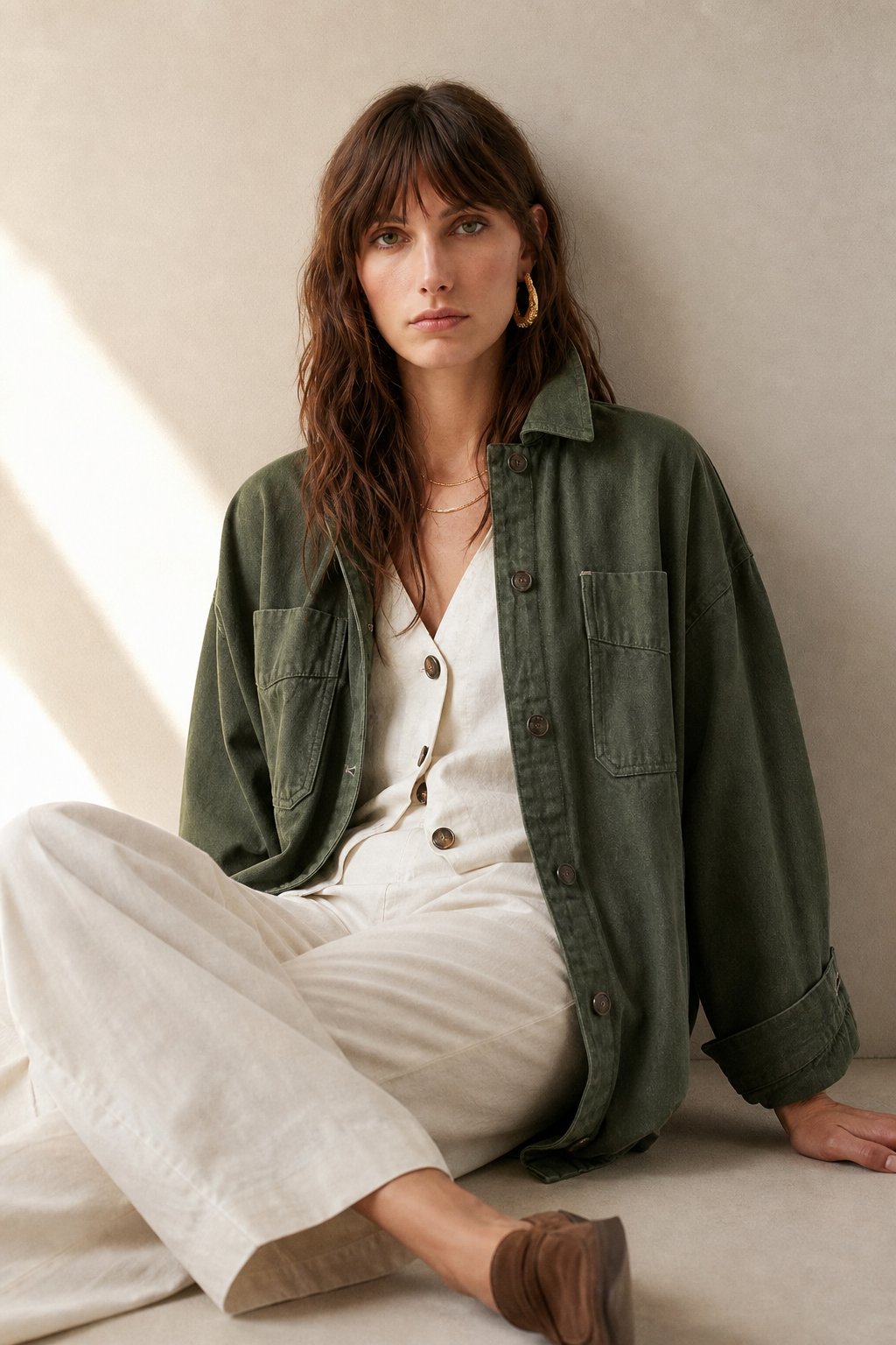 Women's Oversized Denim Shirt Jacket with Button Front and Pockets