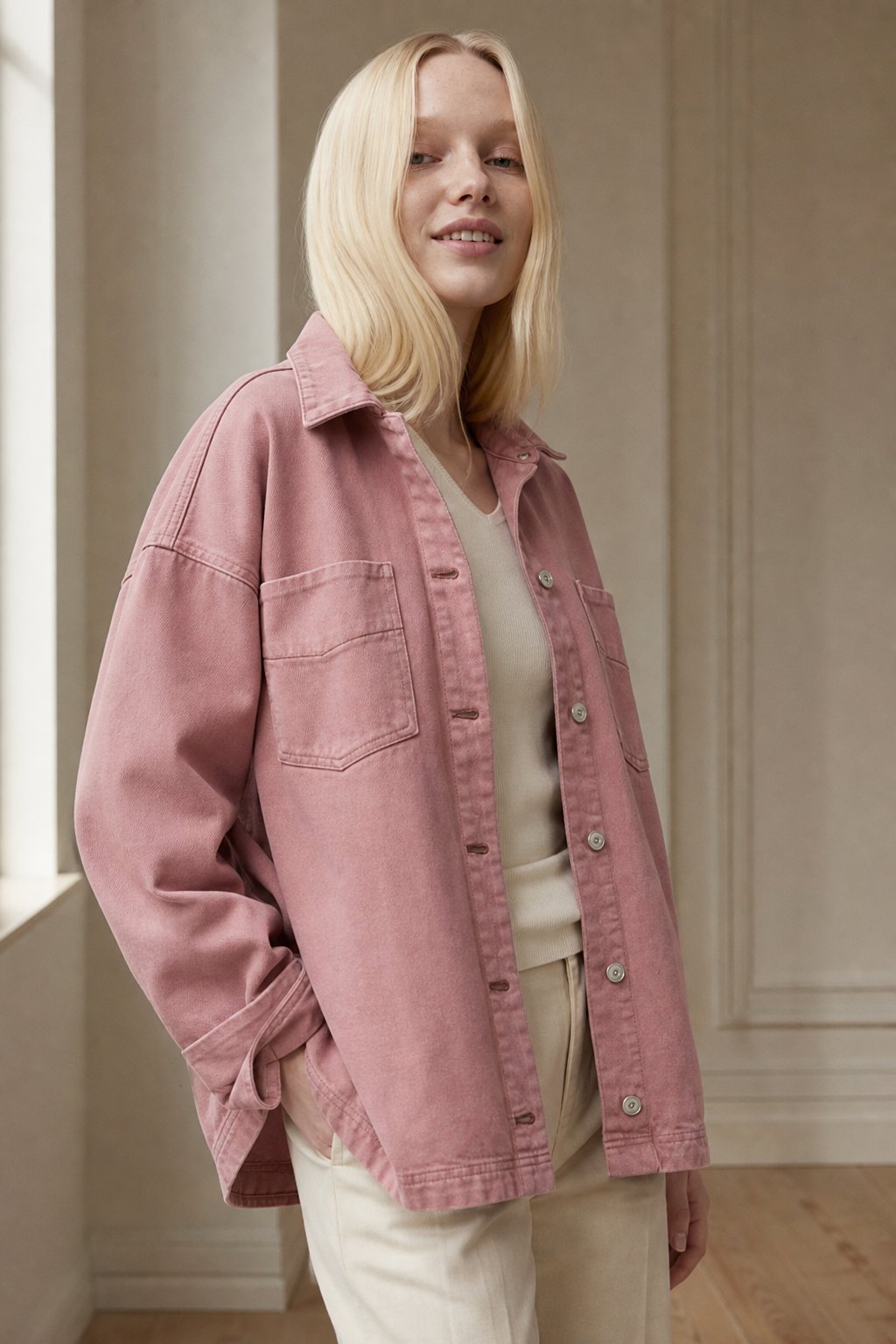Women's Oversized Denim Shirt Jacket with Button Front and Pockets