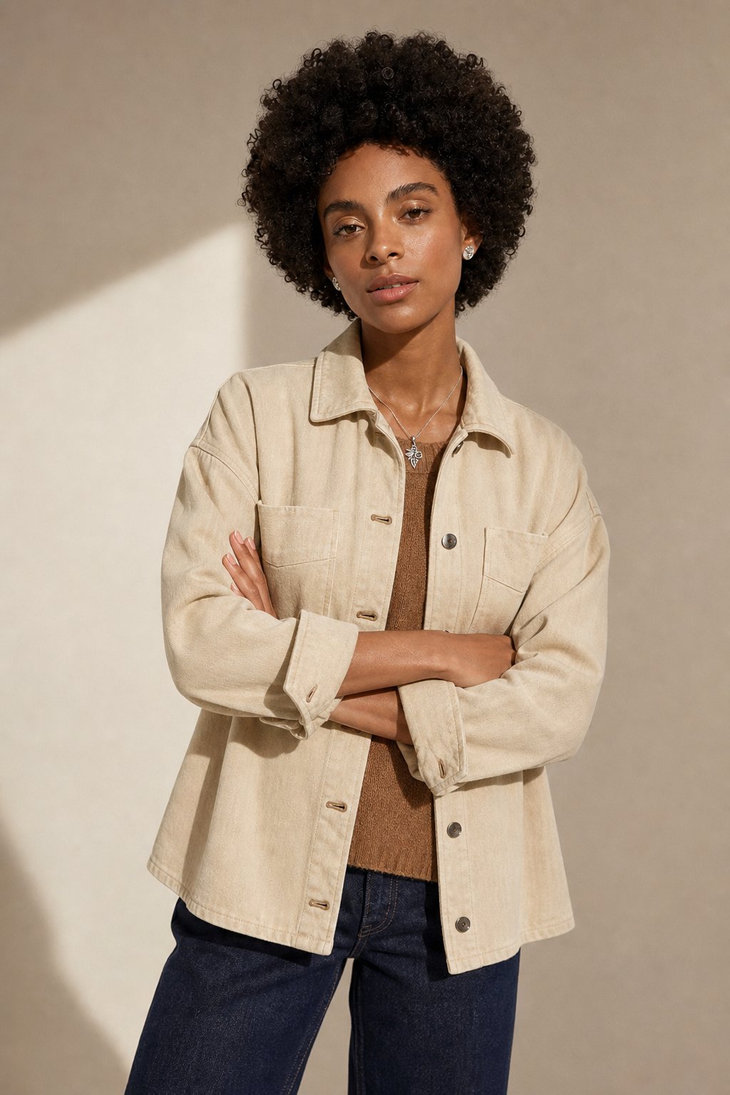Women's Oversized Denim Shirt Jacket with Button Front and Pockets