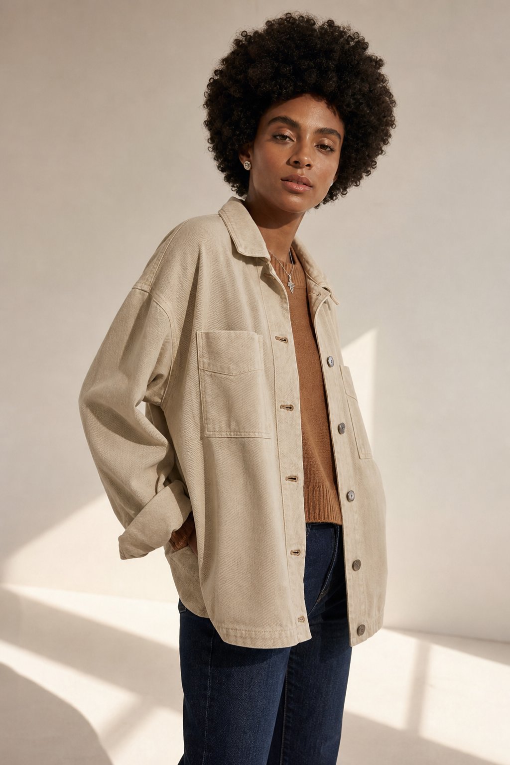 Women's Oversized Denim Shirt Jacket with Button Front and Pockets