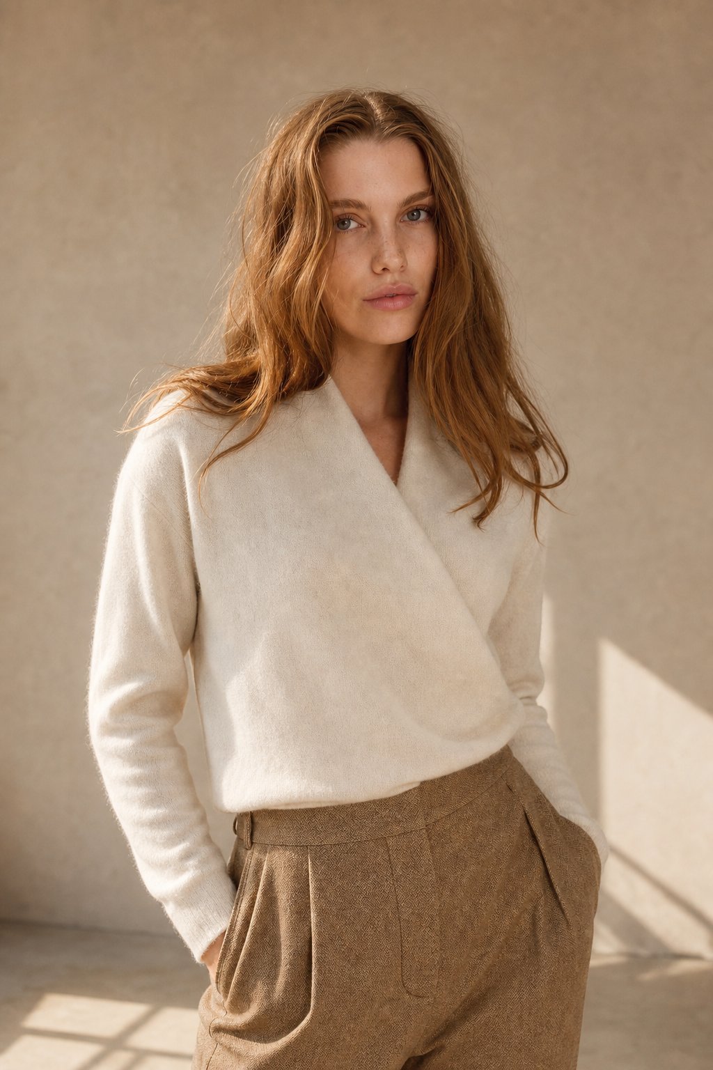 Women's V Neck Knit Sweater with Wrap Front and Long Sleeves