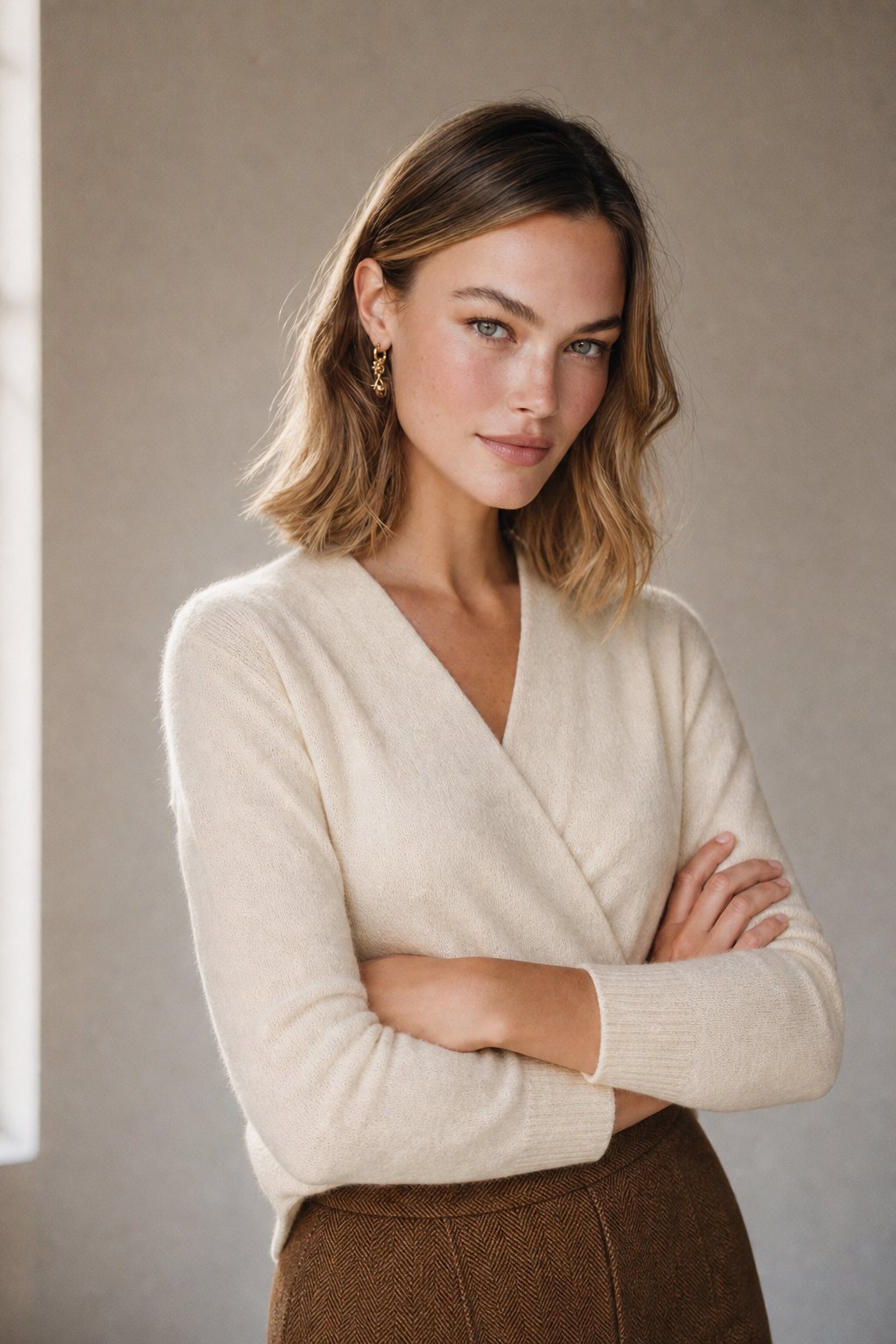 Women's V Neck Knit Sweater with Wrap Front and Long Sleeves